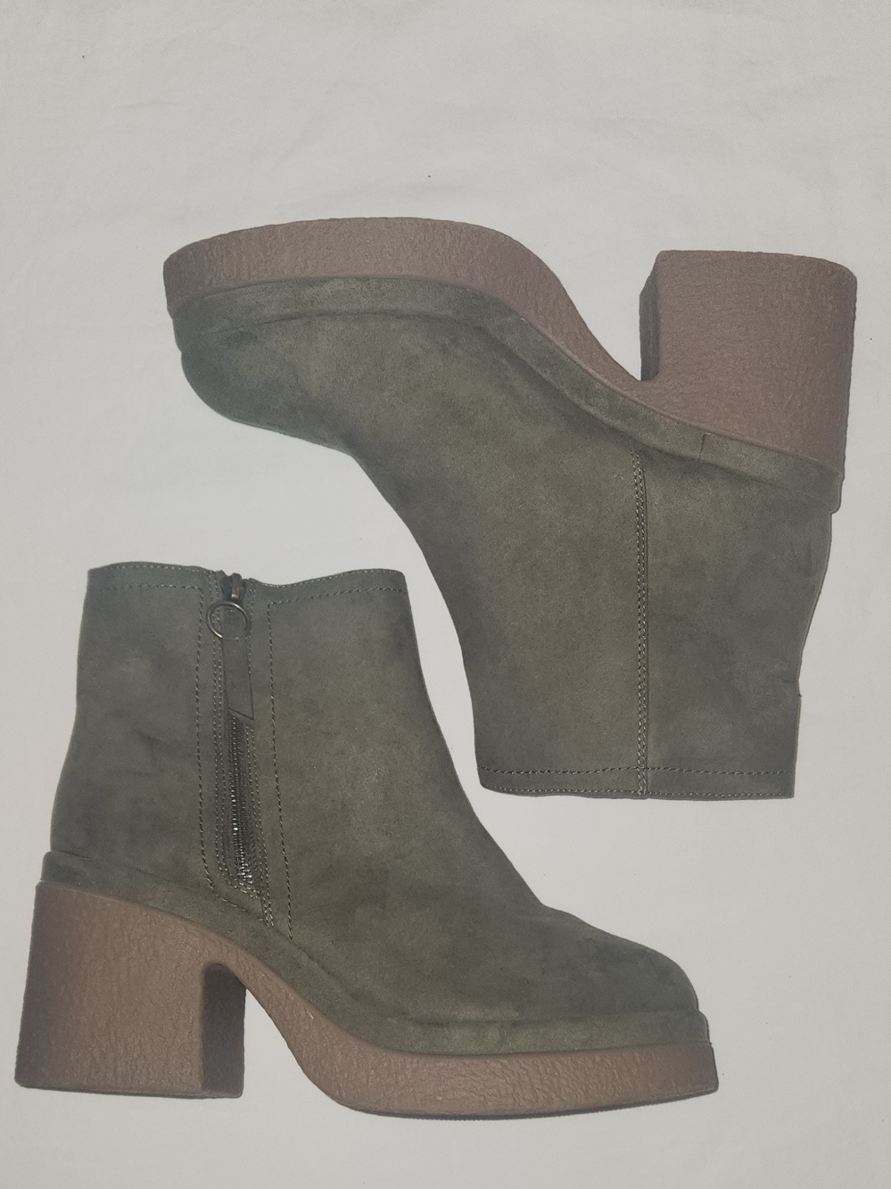 Women's Faux Suede Ankle Boots in Olive Green Block Heel Size 11